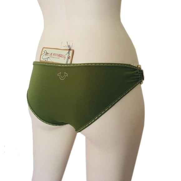 True RELIGION Bikini Bottom Super Ultra Low Rise Hipster Olive Green Metal Rings - Picture 7 of 11